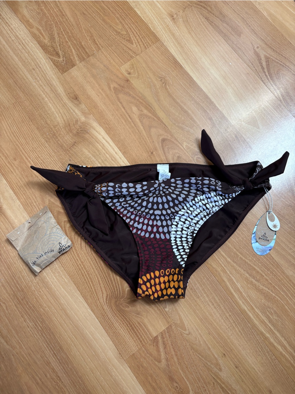 Prana Brown Bikini Bottoms with Multicolor Dot Print and Side Ties